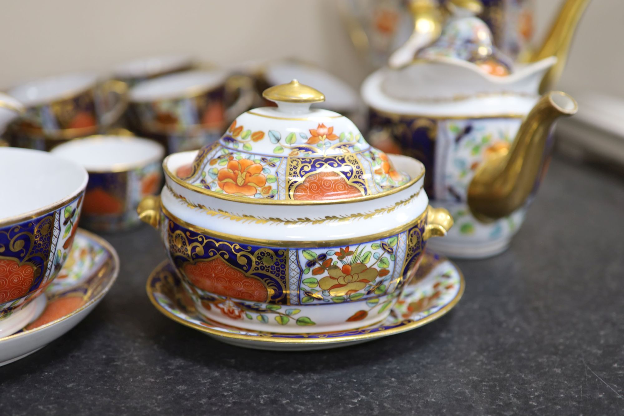 A Herculaneum porcelain Imari pattern 8080 part tea and coffee set, c.1812-15,